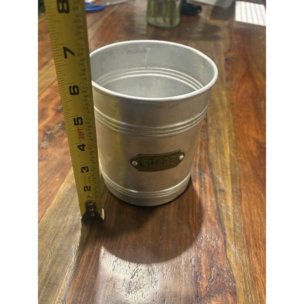 Vintage French aluminium canister dating from the 1940s, plaque labeled "SUCRE".